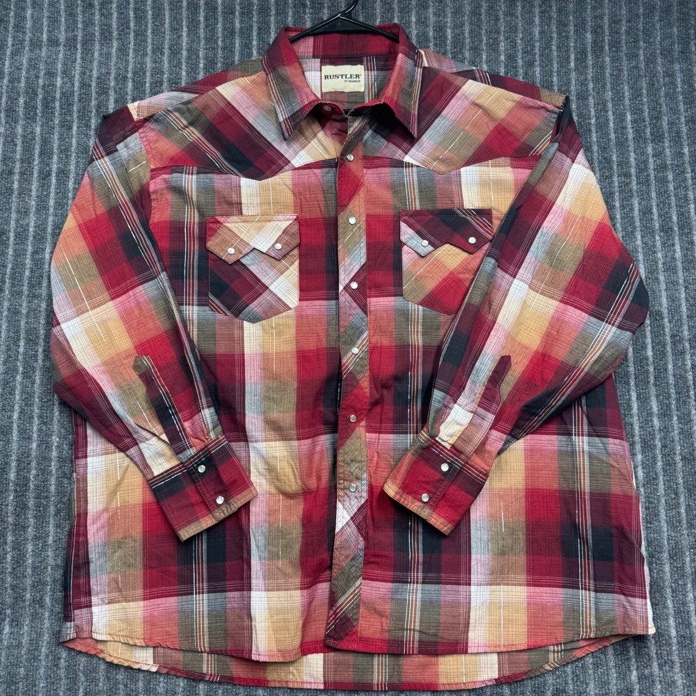 Rustler Western Shirt XL Red Plaid Pearl Snap Long Sleeve (2293)